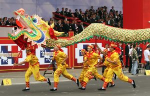 Dragon dance performers participate in the national day celebrations of the centenial anniversary of the founding of the Republic of China government in Taipei, Taiwan, Monday, Oct. 10, 2011. National Day is known as Double-Ten Day, Oct. 10, commemorating the Chinese republican revolution of October 10, 1911, bringing the end of mainland China's Qing dynasty. (AP Photo/Chiang Ying-ying)